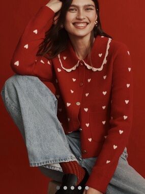 Anthropologie NVLT Heart Coatigan Knit Jacket Cardigan M Red Peter Pan Collar